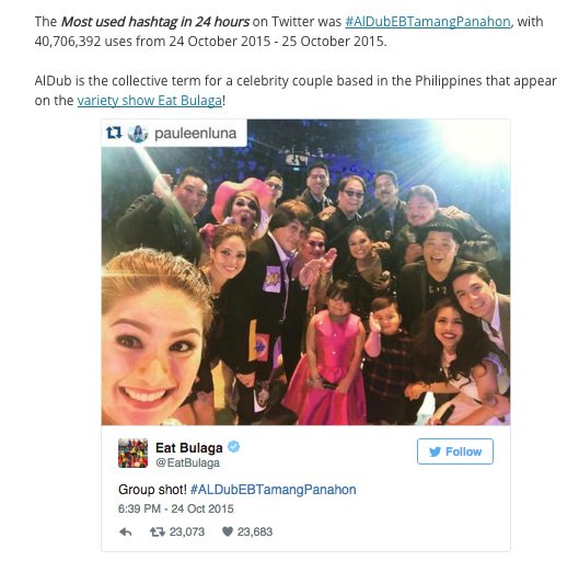 ALDUB Eat Bulaga Tamang Panahon hashtag 41M tweets Guinness World Records Kalyeserye October 24, 2015 most used hashtag Alden Richards Maine Mendoza Yaya Dub Philippine Arena
