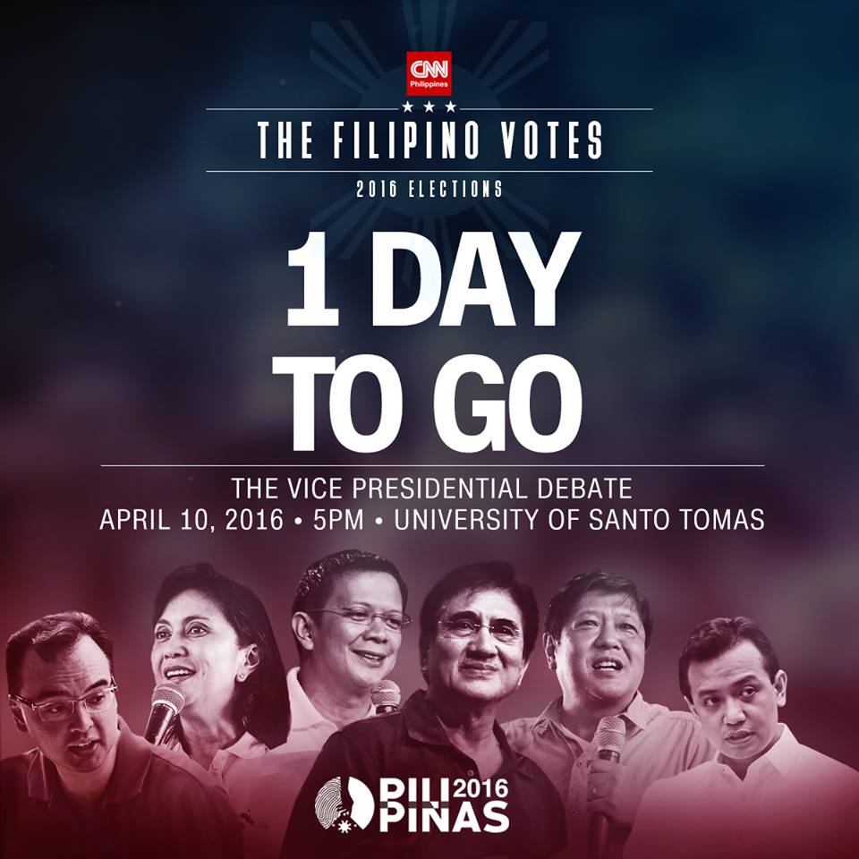 Watch Livestream watch online PiliPinasDebates 2016 Vice Presidential Debate CNN Philippines April 10 Leni Robredo Bongbong Marcos Antonio Trillanes Chiz Escudero Alan Cayetano Gringo Honasan